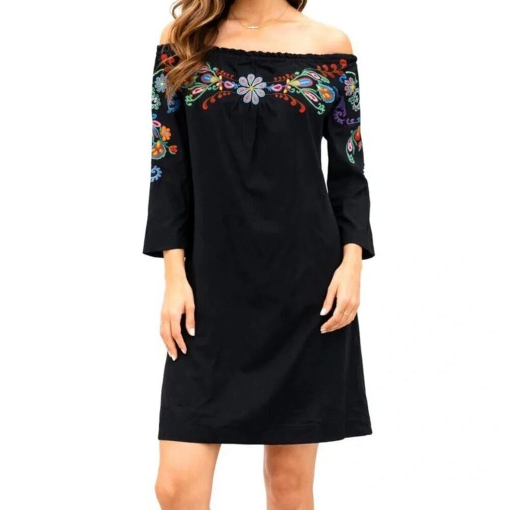 Johnny Was JWLA Black Floral Embroidered Off The Shoulder Boho Dress Size Small